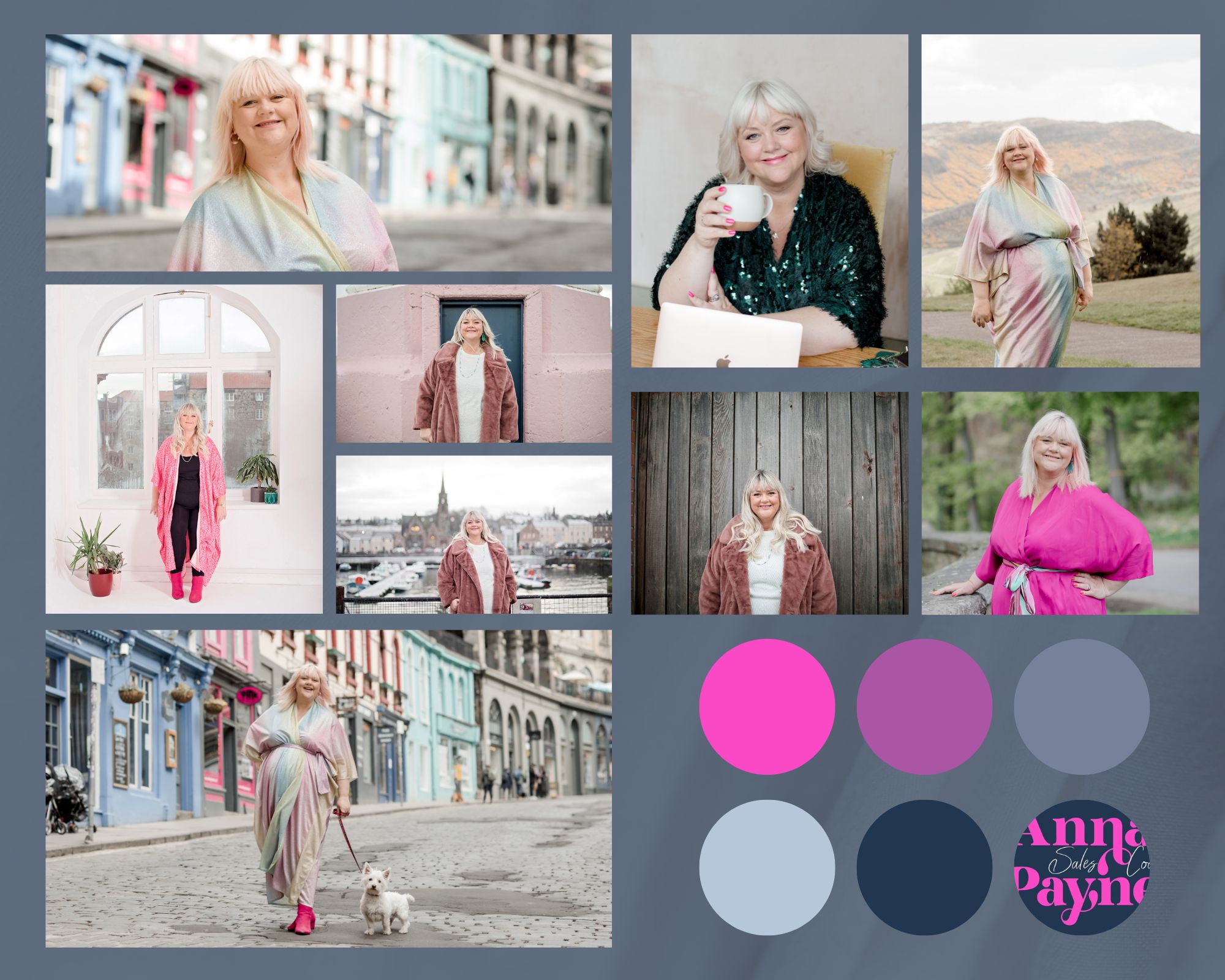 mood board of brand photos for anna payne coaching