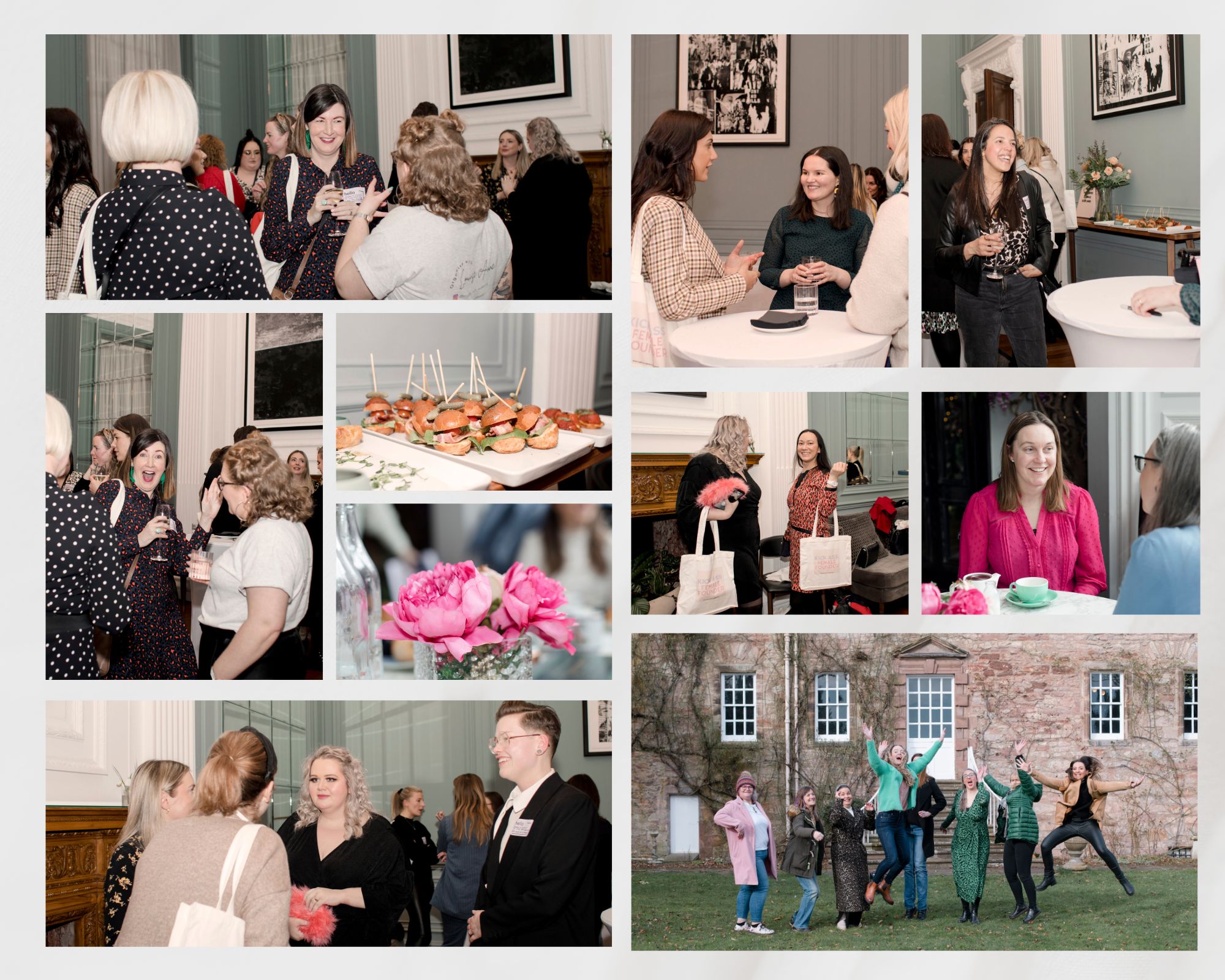 event photography showing guests laughing and chatting with drinks and nibbles