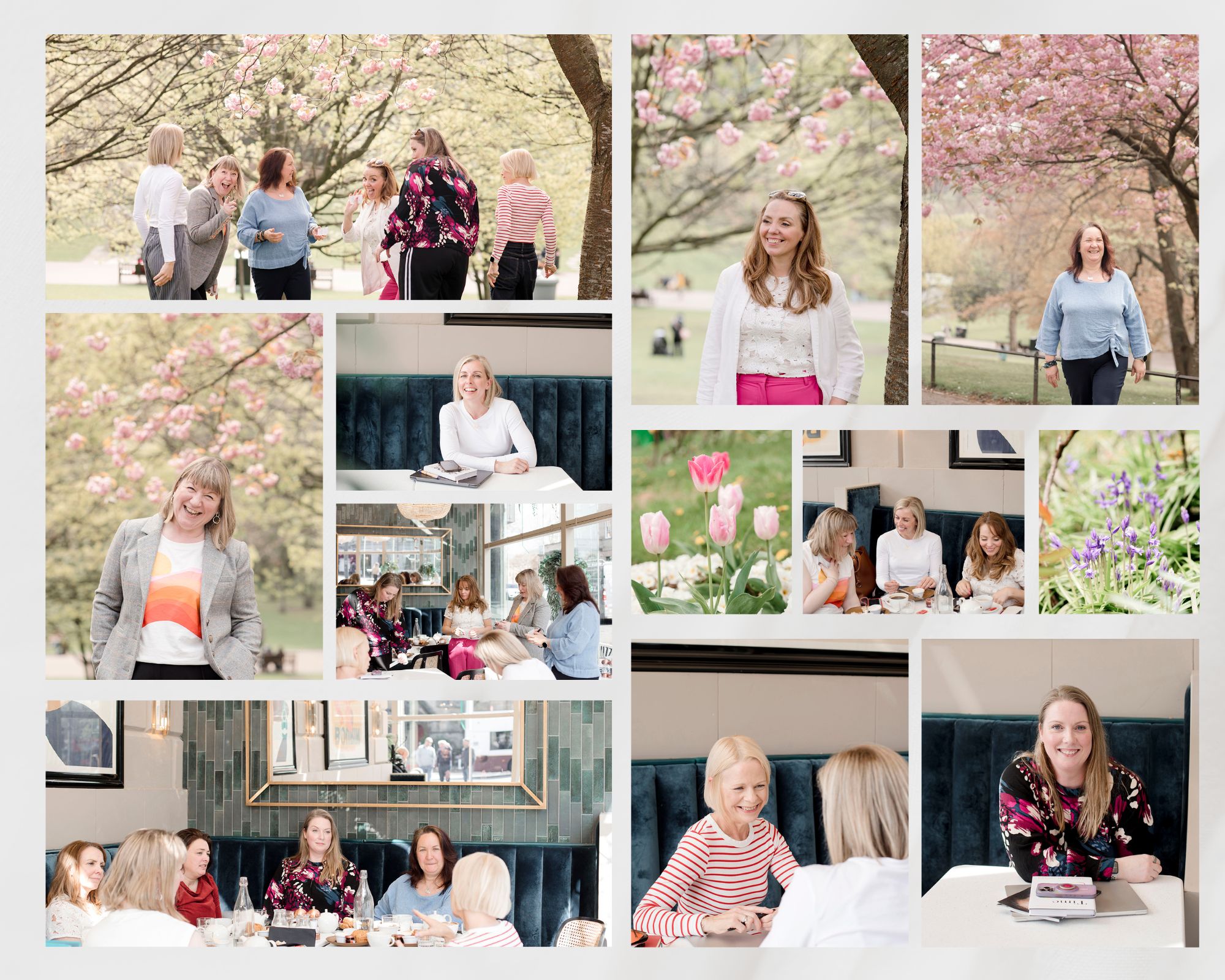 a collage of images showing business owners networking and laughing together in the blossom