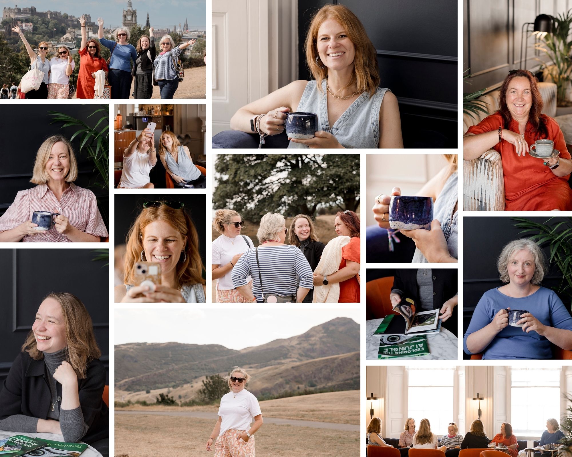 Collage of brand photography showing various business women indoors and out doors at a networking meetup in edinburgh