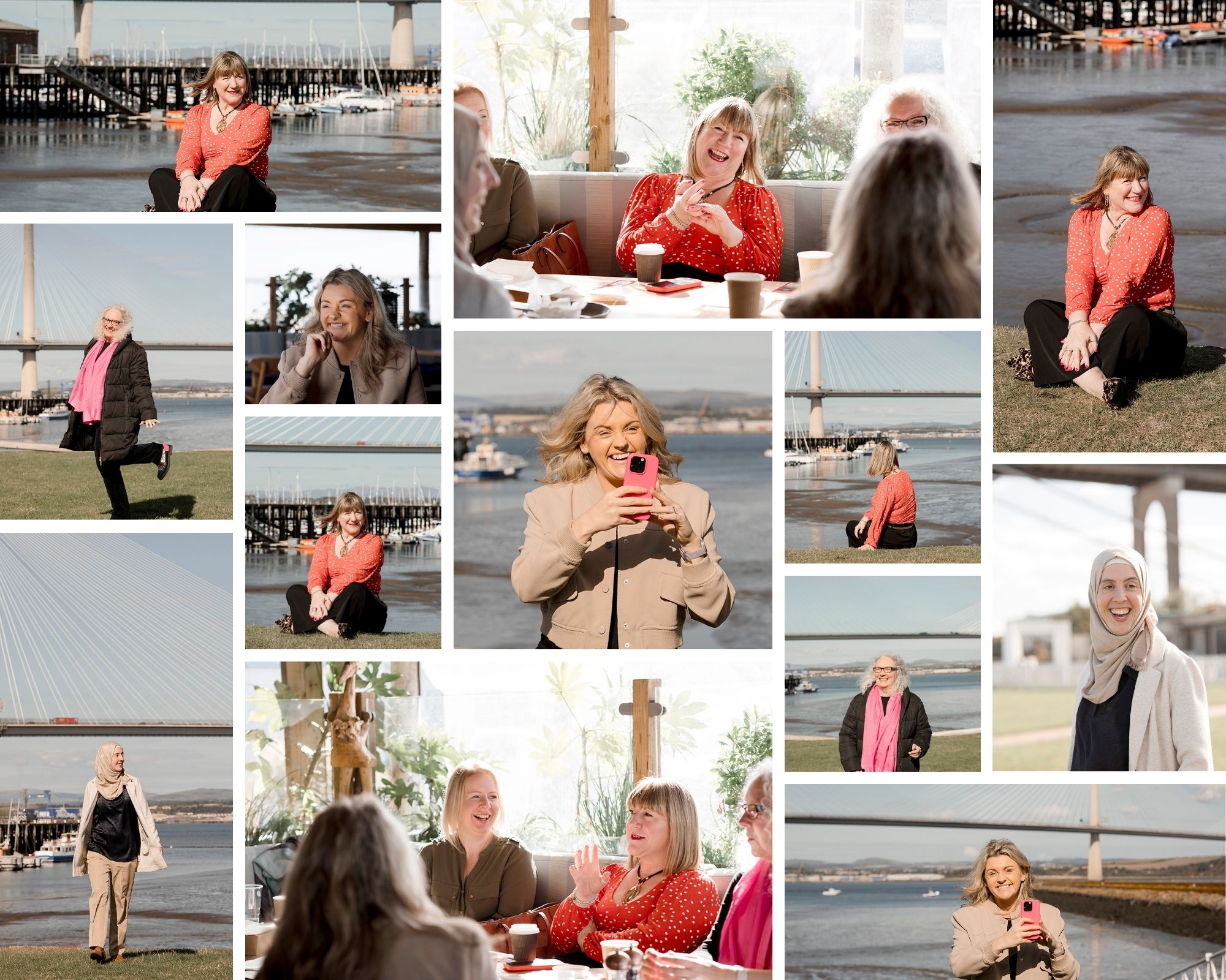 collage of brand photos of business woman outdoors on a sunny day in Edinburgh